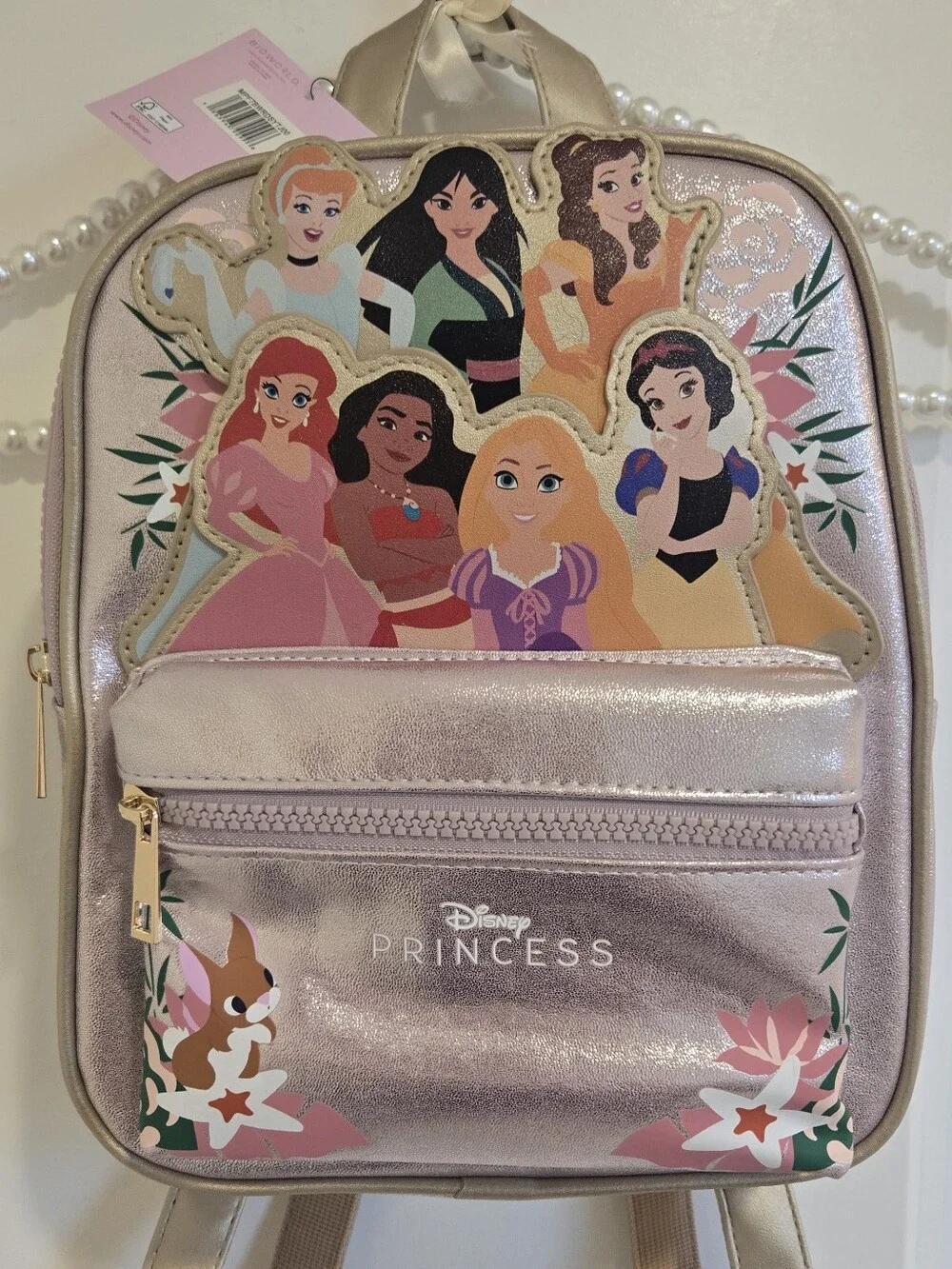 🎀 Disney Princess Pink Shimmery Mini Backpack Ariel Mulan Rapunzel Belle Moana